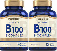 Piping Rock Vitamin B100 Complex bottle and capsules for daily wellness.