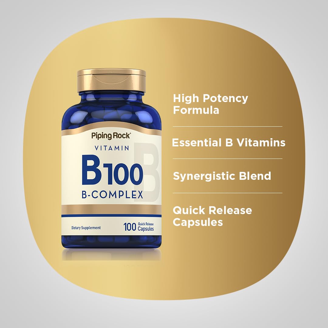 Piping Rock Vitamin B100 Complex label highlights non-GMO and gluten-free ingredients.