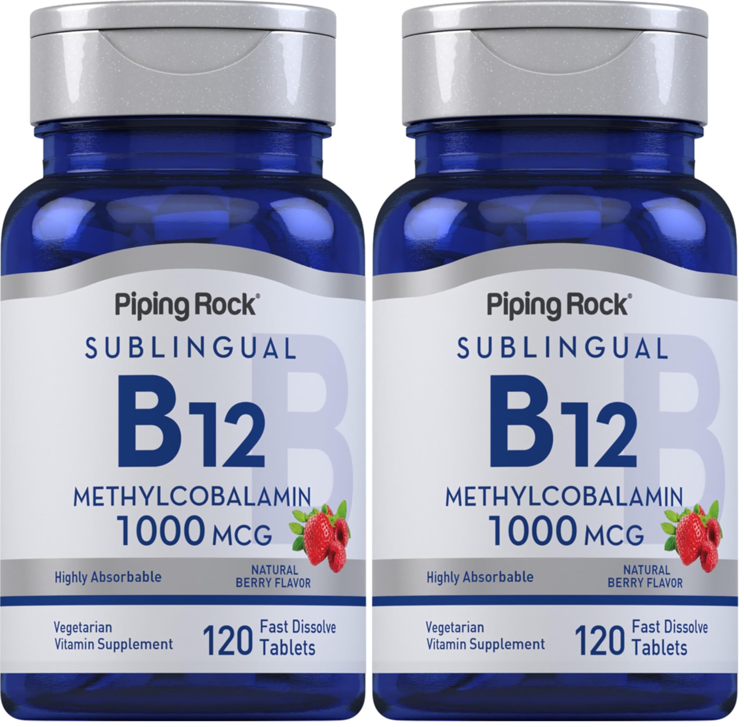 Piping Rock B12 sublingual berry tablets in bottle for convenient daily use