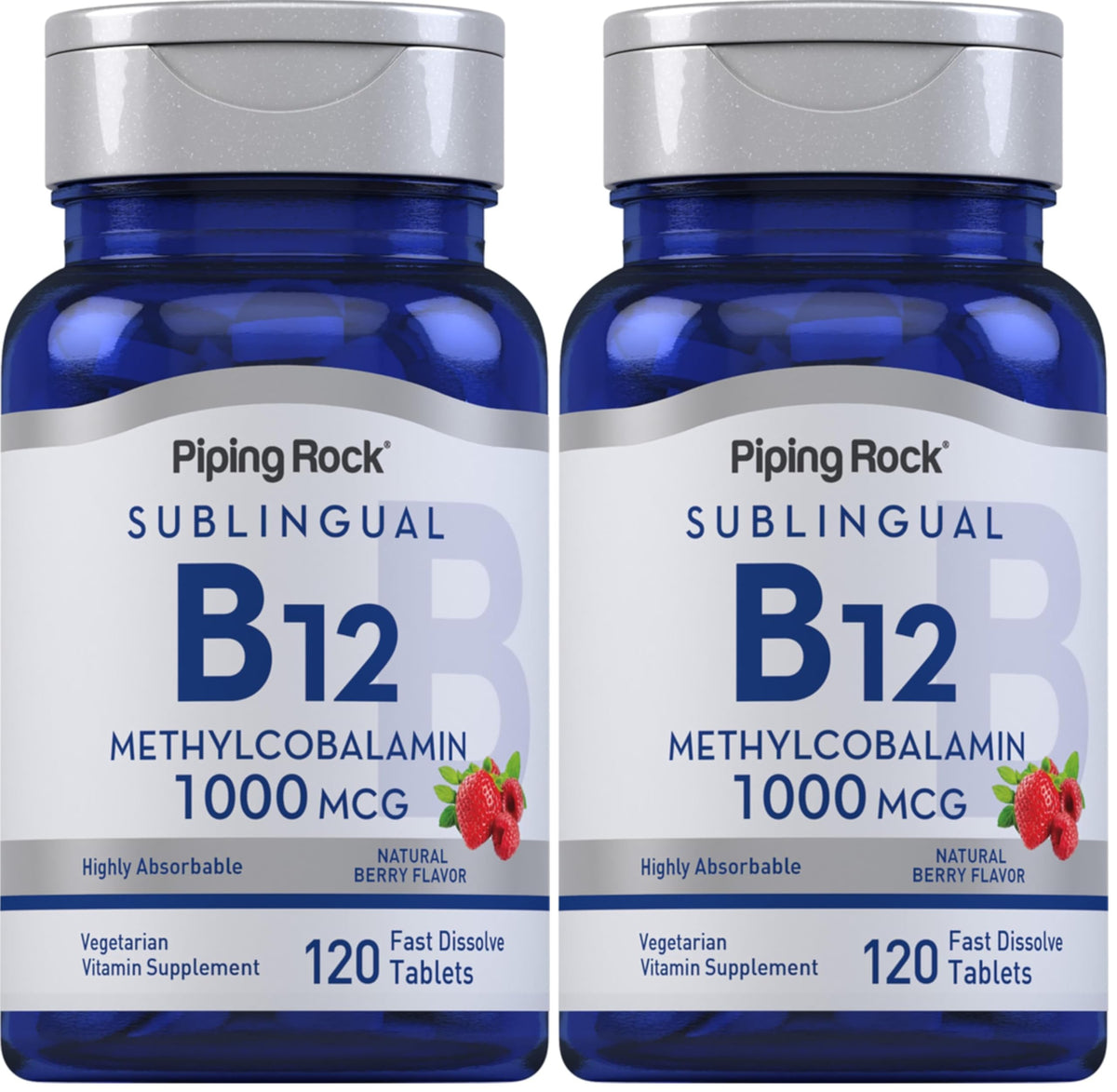 Piping Rock B12 sublingual berry tablets in bottle for convenient daily use