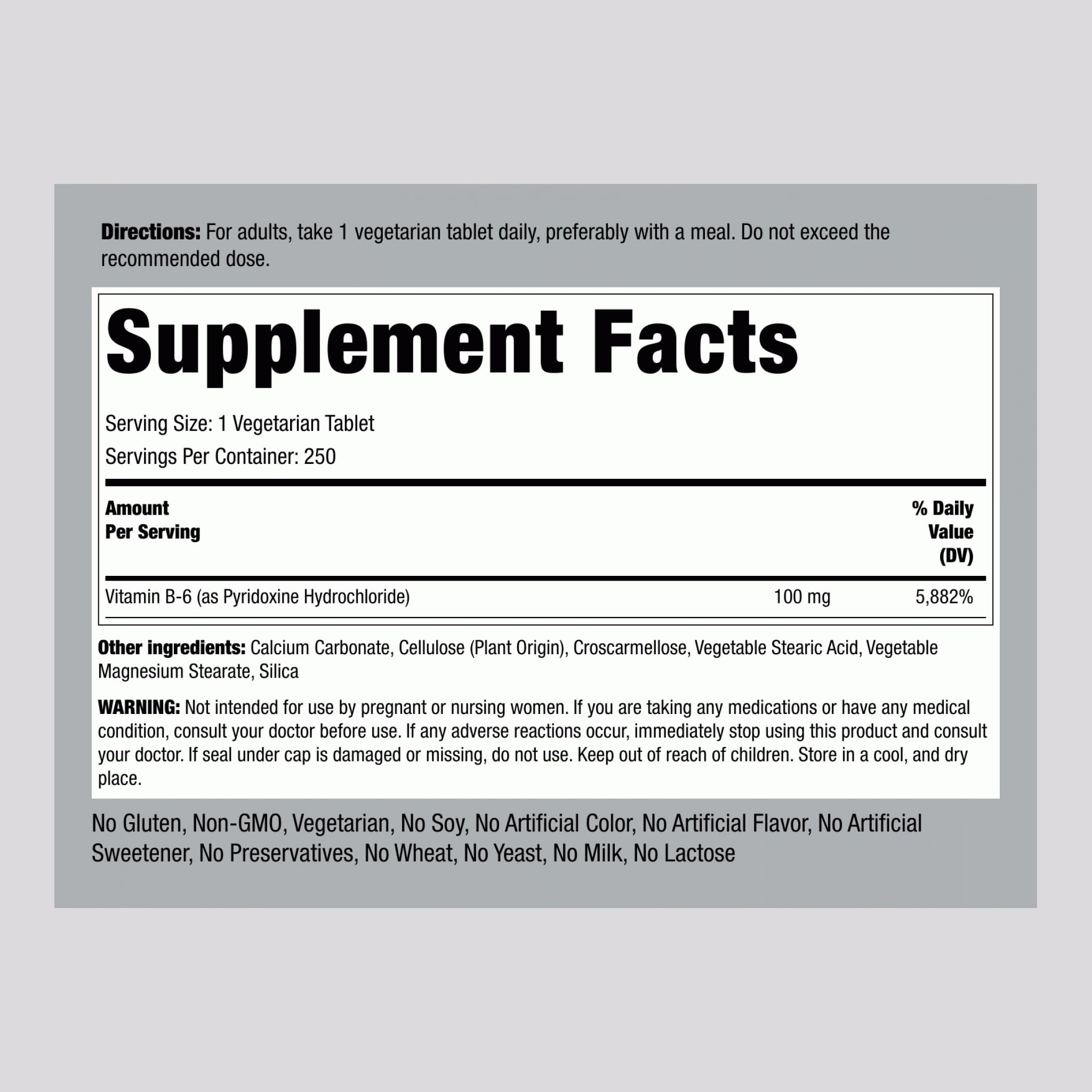 Piping Rock Vitamin B-6 100mg label detail highlights potency and packaging.
