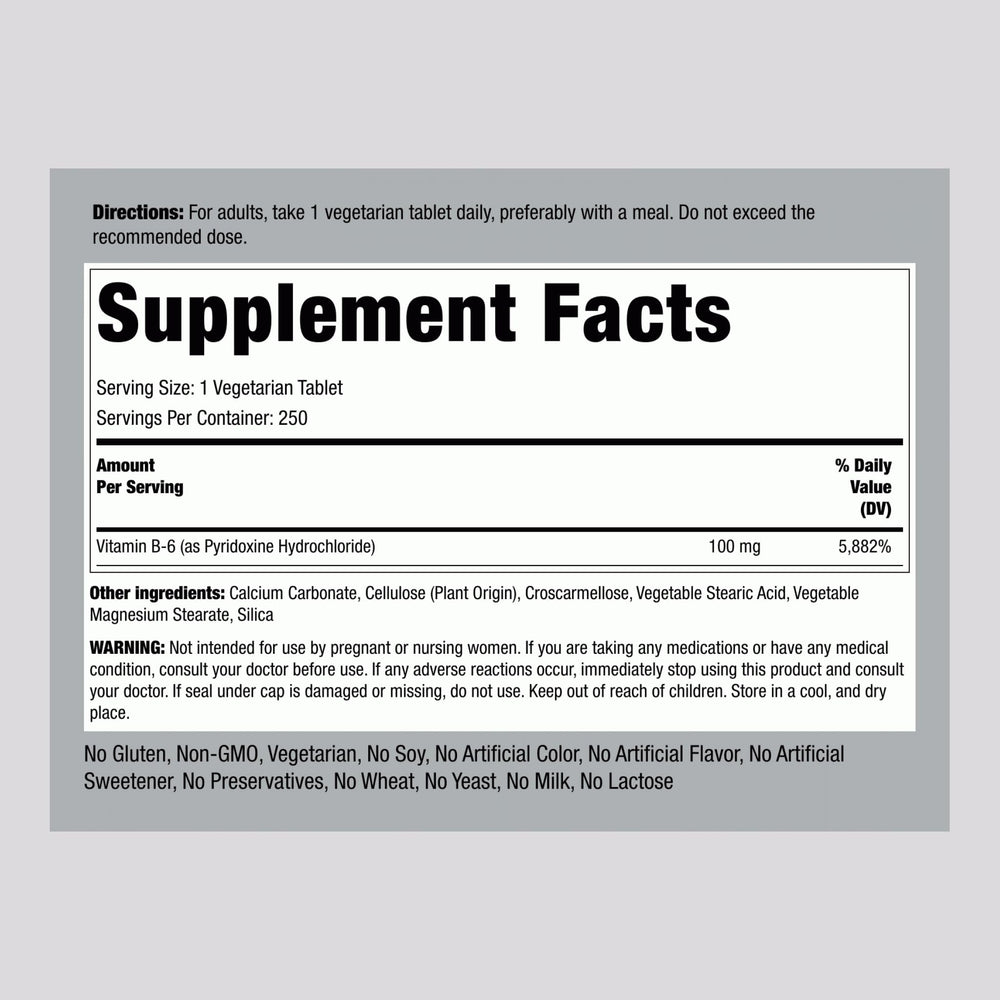 Piping Rock Vitamin B-6 100mg label detail highlights potency and packaging.