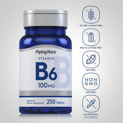 Piping Rock Vitamin B-6 tablets closeup shows compact form for daily intake.