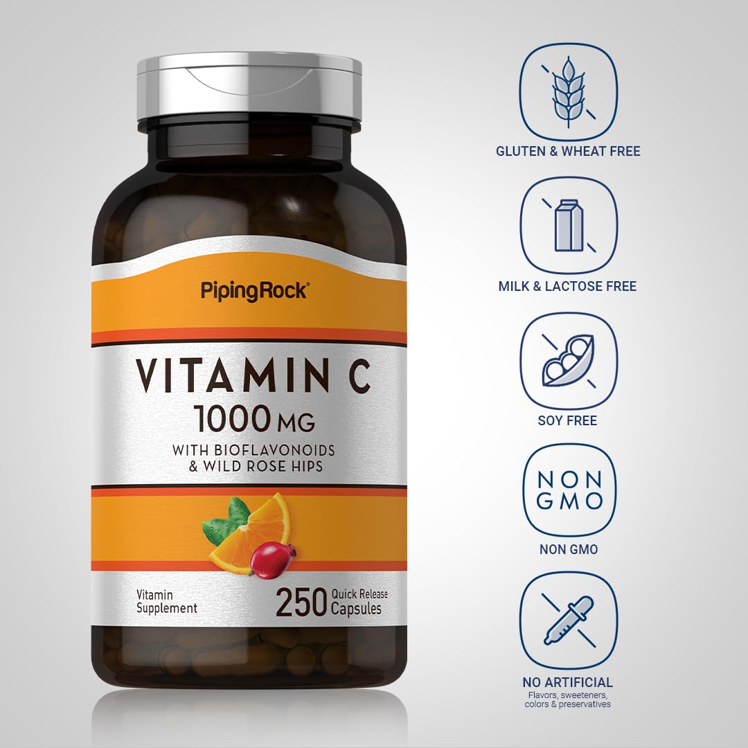 Bottle label features bioflavonoids and rose hips for added natural support.