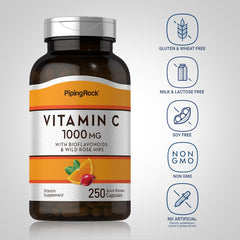 Bottle label features bioflavonoids and rose hips for added natural support.