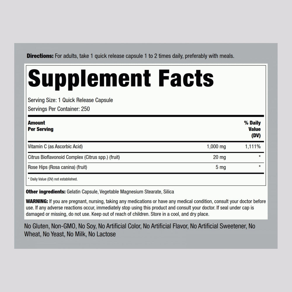 Piping Rock Vitamin C 1000mg capsules close-up for easy daily consumption