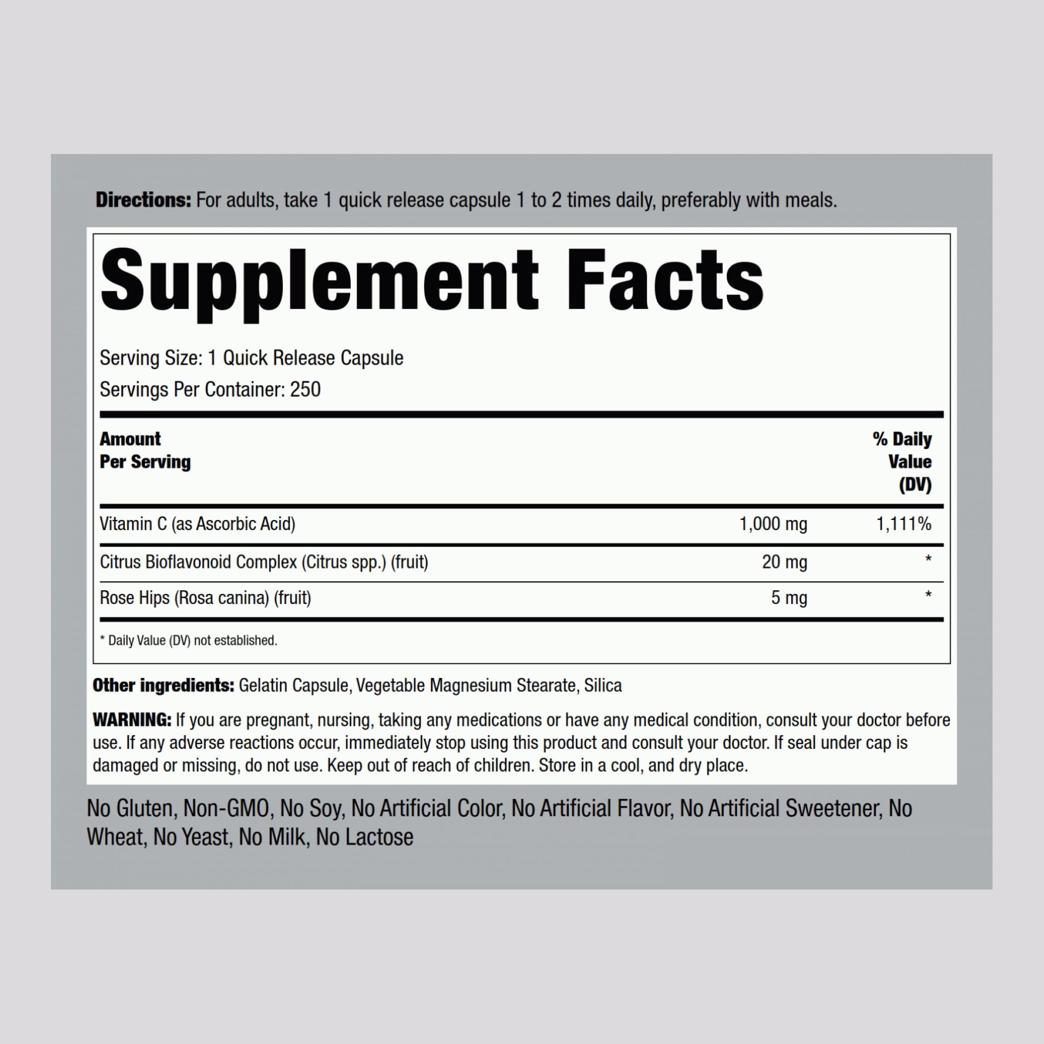 Piping Rock Vitamin C 1000mg capsules close-up for easy daily use.
