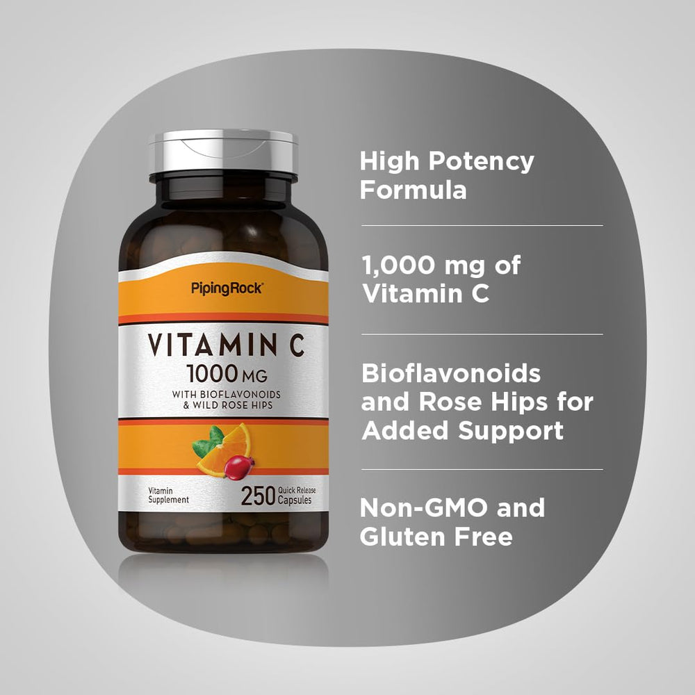 Non-GMO and gluten-free icons on Piping Rock bottle.