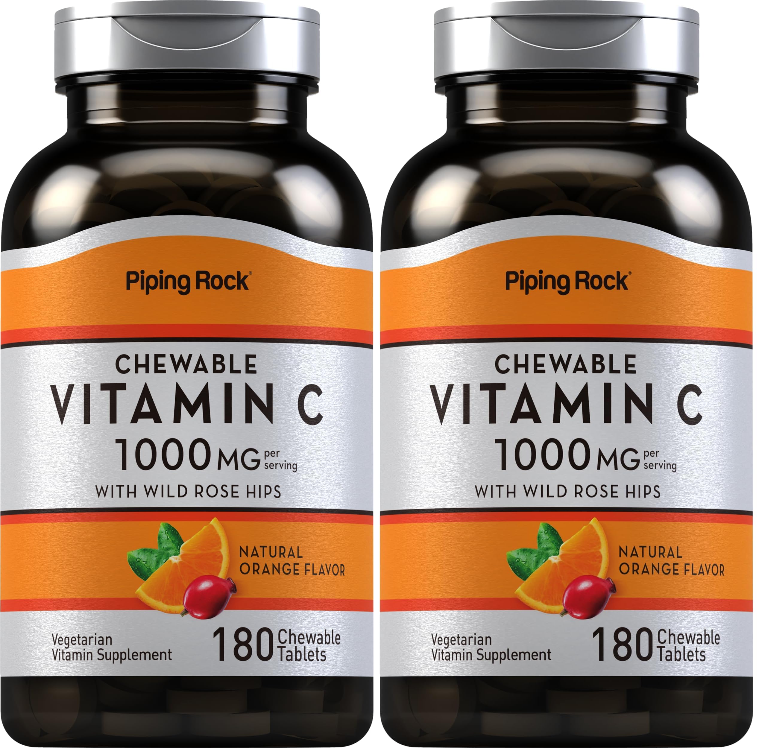 Piping Rock Vitamin C chewable 1000mg orange bottle, convenient daily supplement.