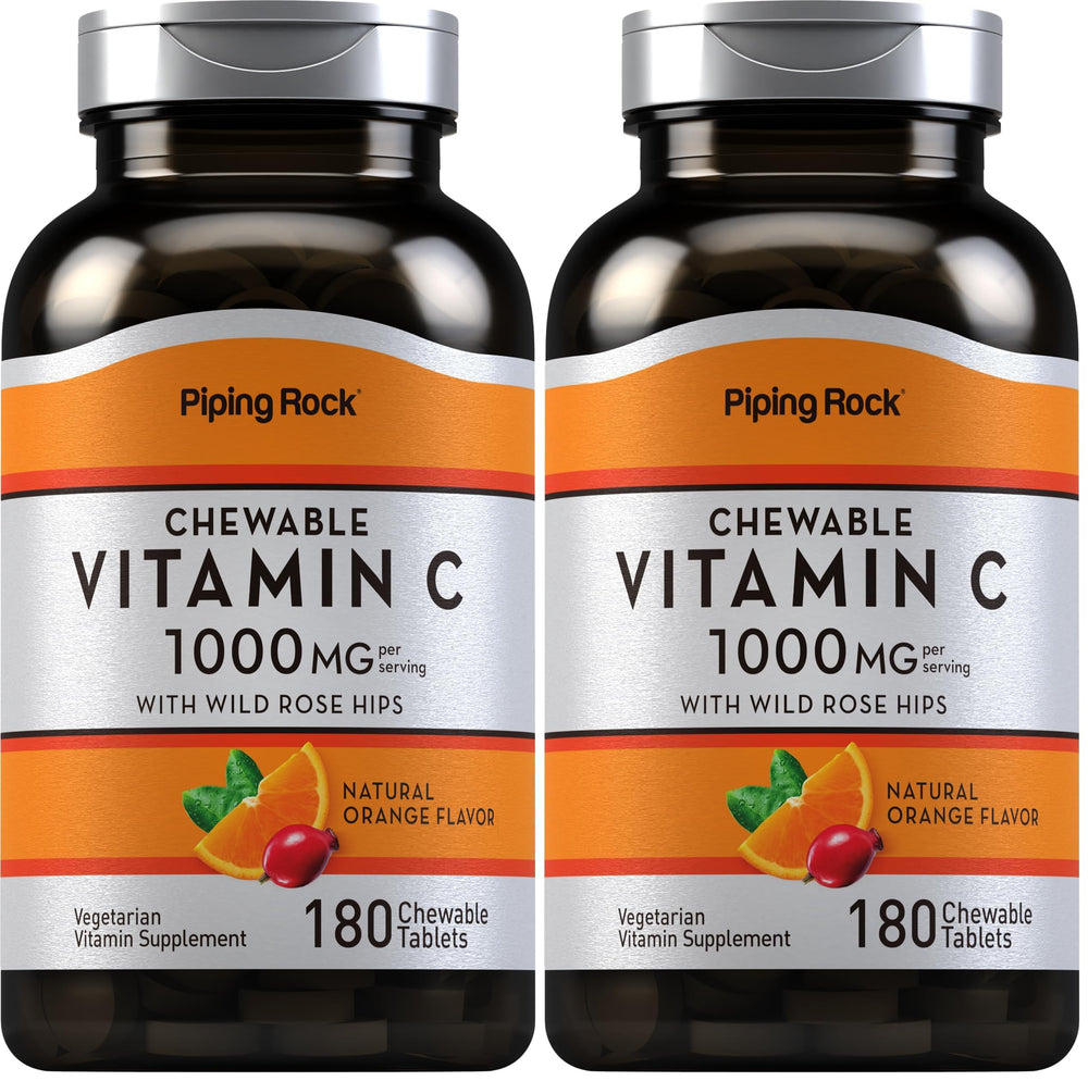 Piping Rock Vitamin C chewable 1000mg orange bottle, convenient daily supplement.