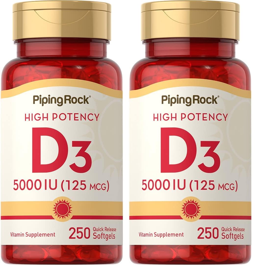 Piping Rock Vitamin D3 5000 IU softgel bottle for daily wellness.