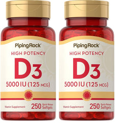 Piping Rock Vitamin D3 5000 IU softgel bottle for daily wellness.