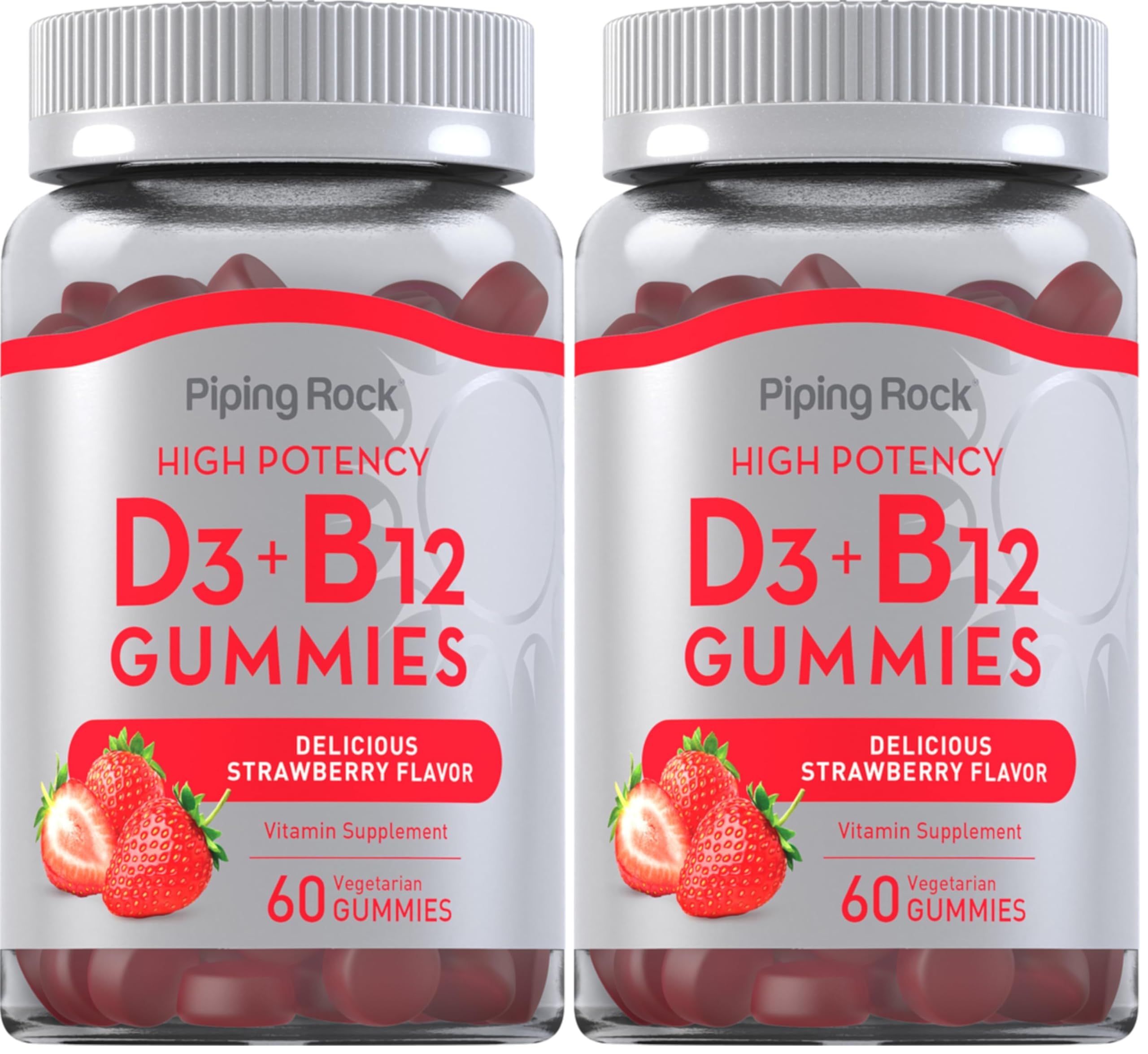 Piping Rock Vitamin D3 and B12 Gummies bottle front view for daily energy.