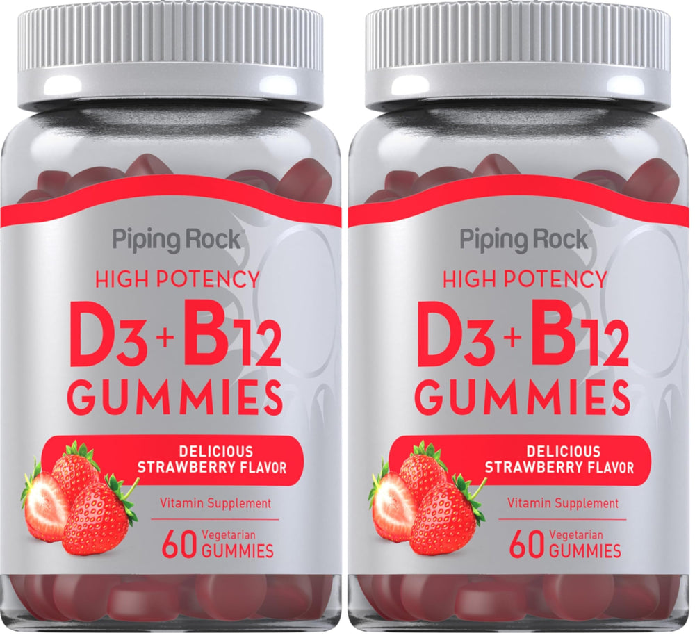 Piping Rock Vitamin D3 and B12 Gummies bottle front view for daily energy.