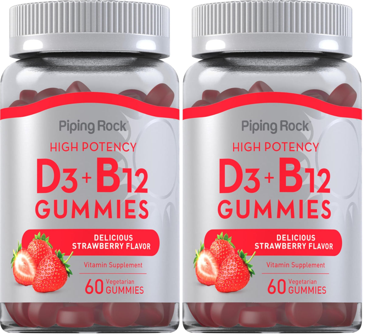 Piping Rock Vitamin D3 and B12 Gummies bottle front view for daily energy.