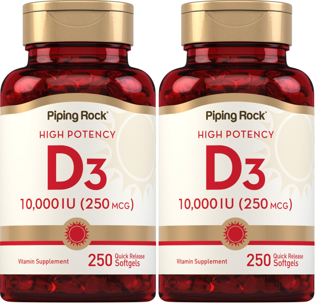 Piping Rock Vitamin D3 bottle front showing high potency daily supplement