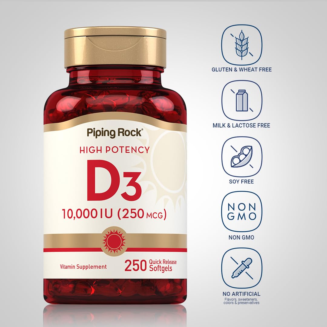 Piping Rock Vitamin D3 label with nutrition facts and non-GMO gluten-free claim