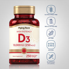 Piping Rock Vitamin D3 label with nutrition facts and non-GMO gluten-free claim