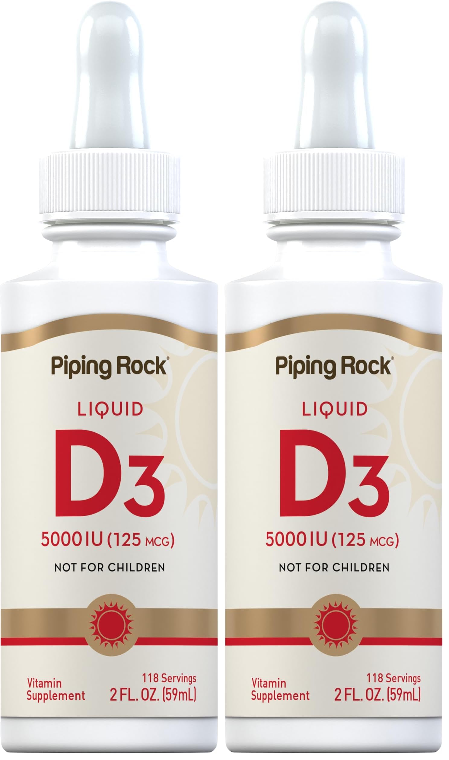 Piping Rock Vitamin D3 Liquid bottle front showing 5,000 IU drops for daily support