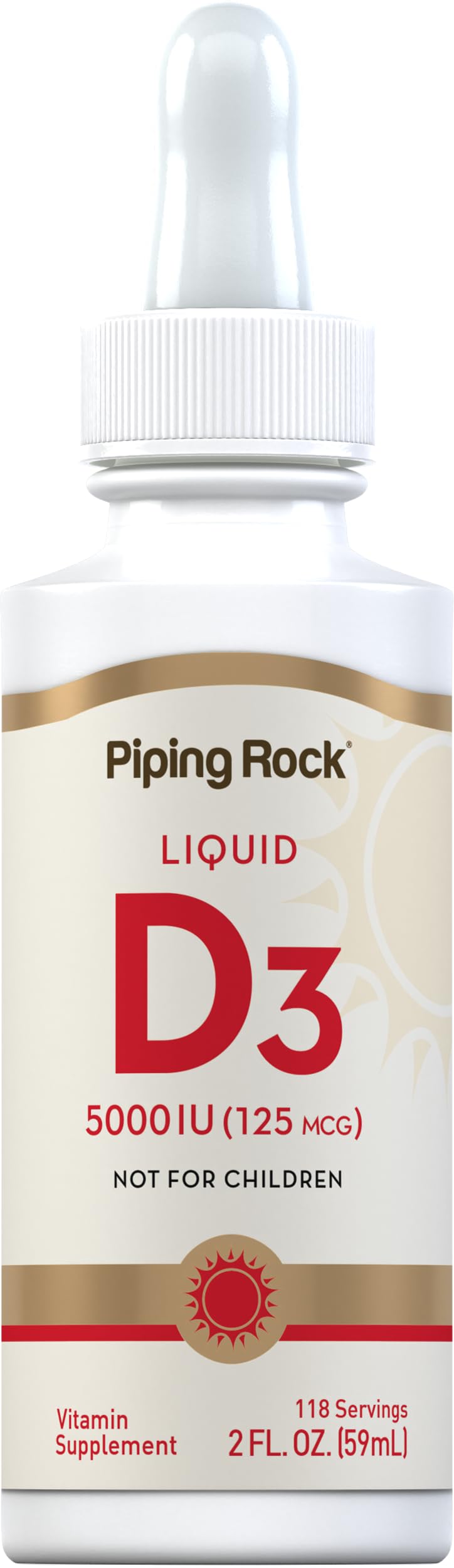 Piping Rock Vitamin D3 liquid bottle with dropper for daily wellness.