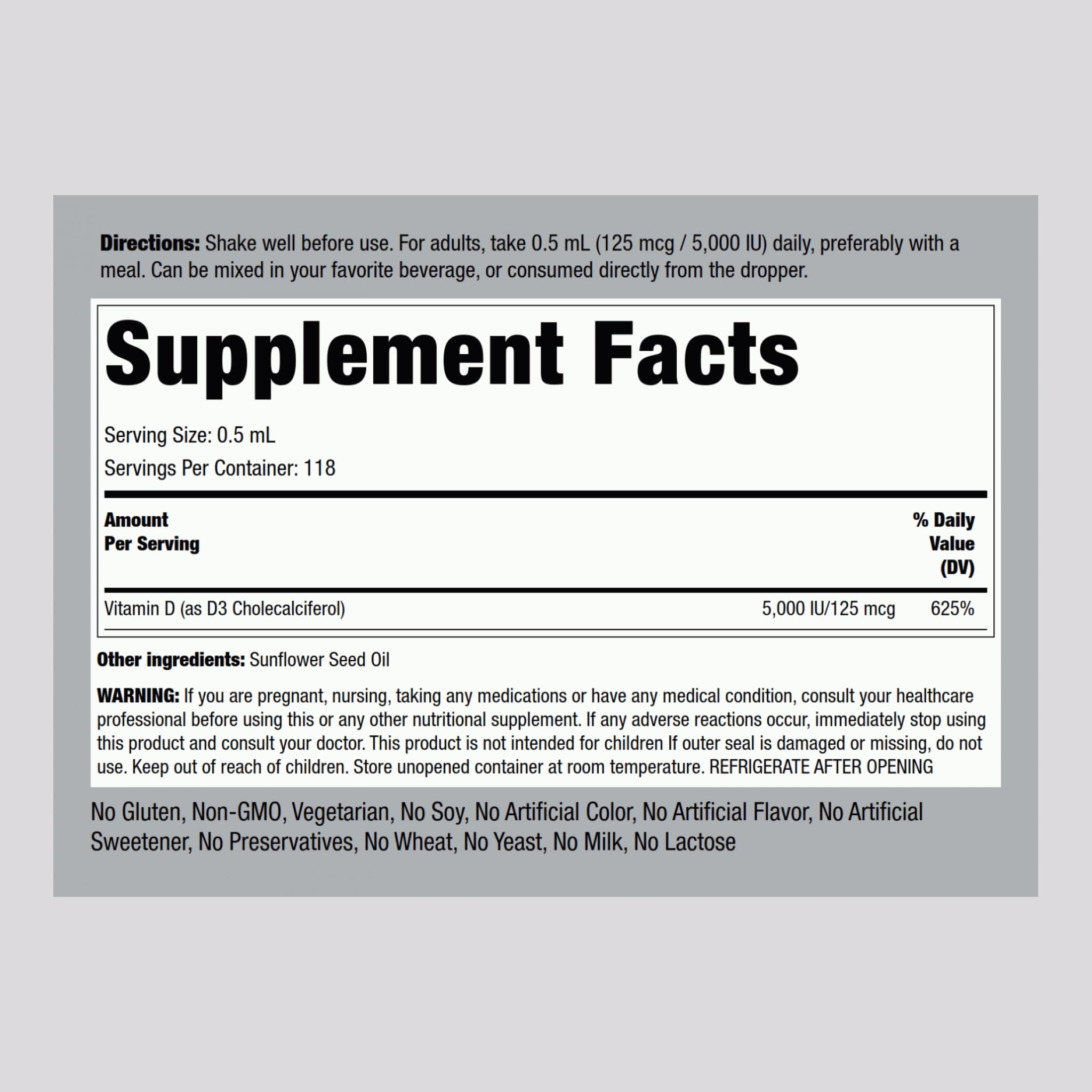 Piping Rock Vitamin D3 liquid dropper shows 5000 IU per serving for bone health.