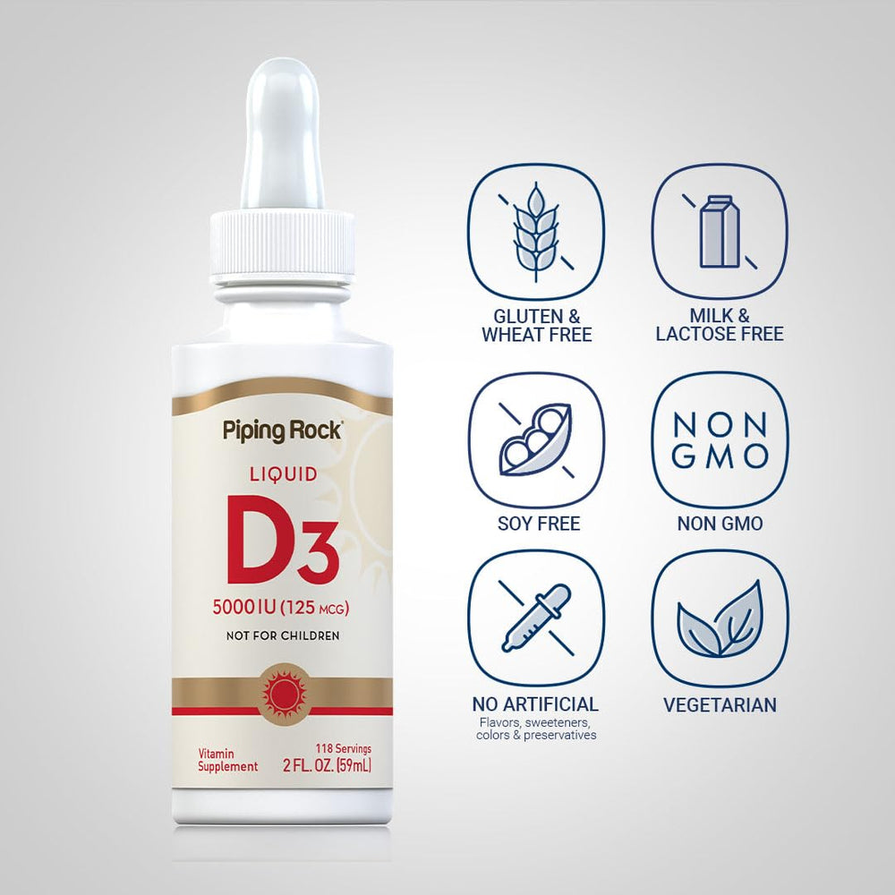 Piping Rock Vitamin D3 liquid label close-up highlights vegetarian, non-GMO, gluten-free formula.