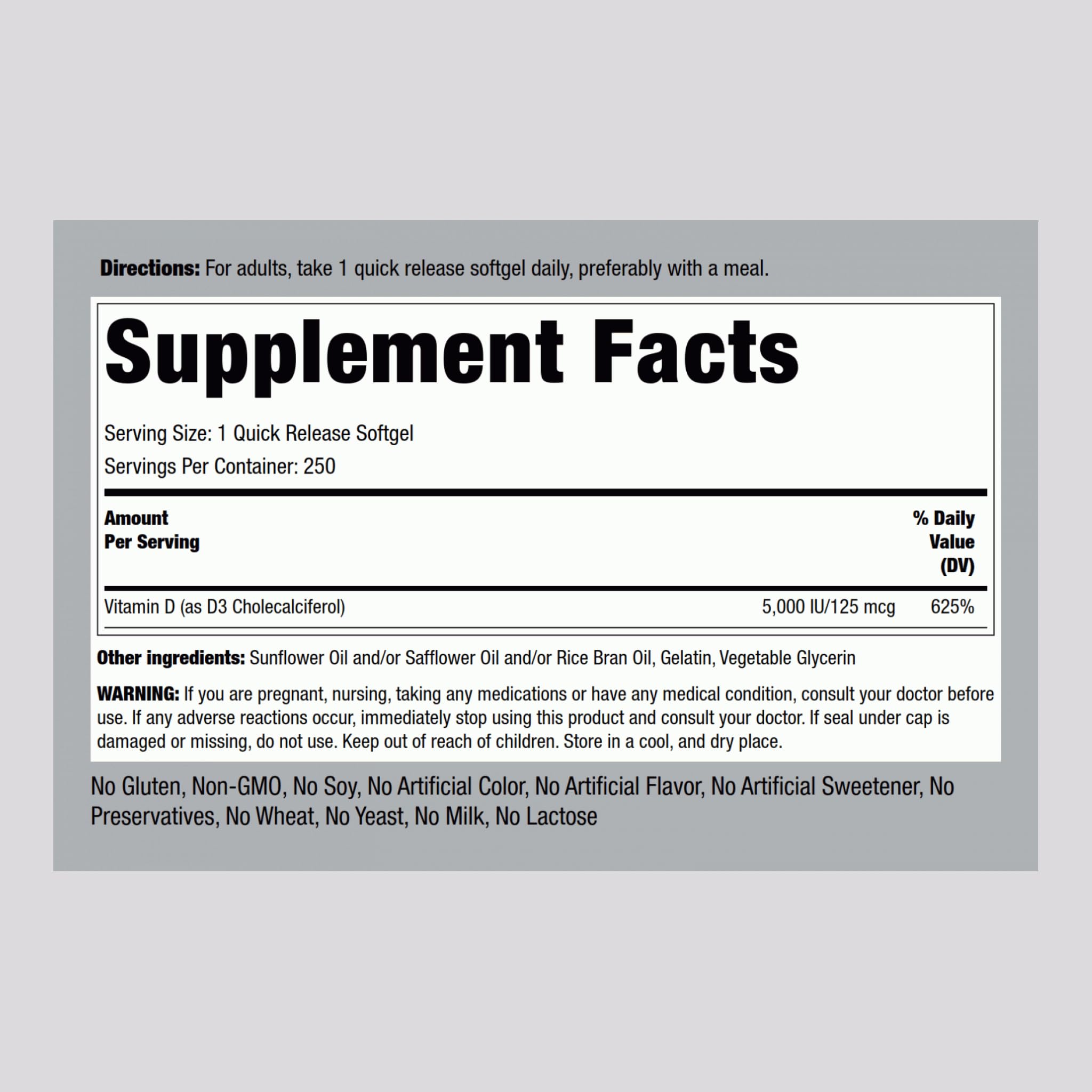 Close-up of Piping Rock Vitamin D3 softgels highlighting the quick-release form.