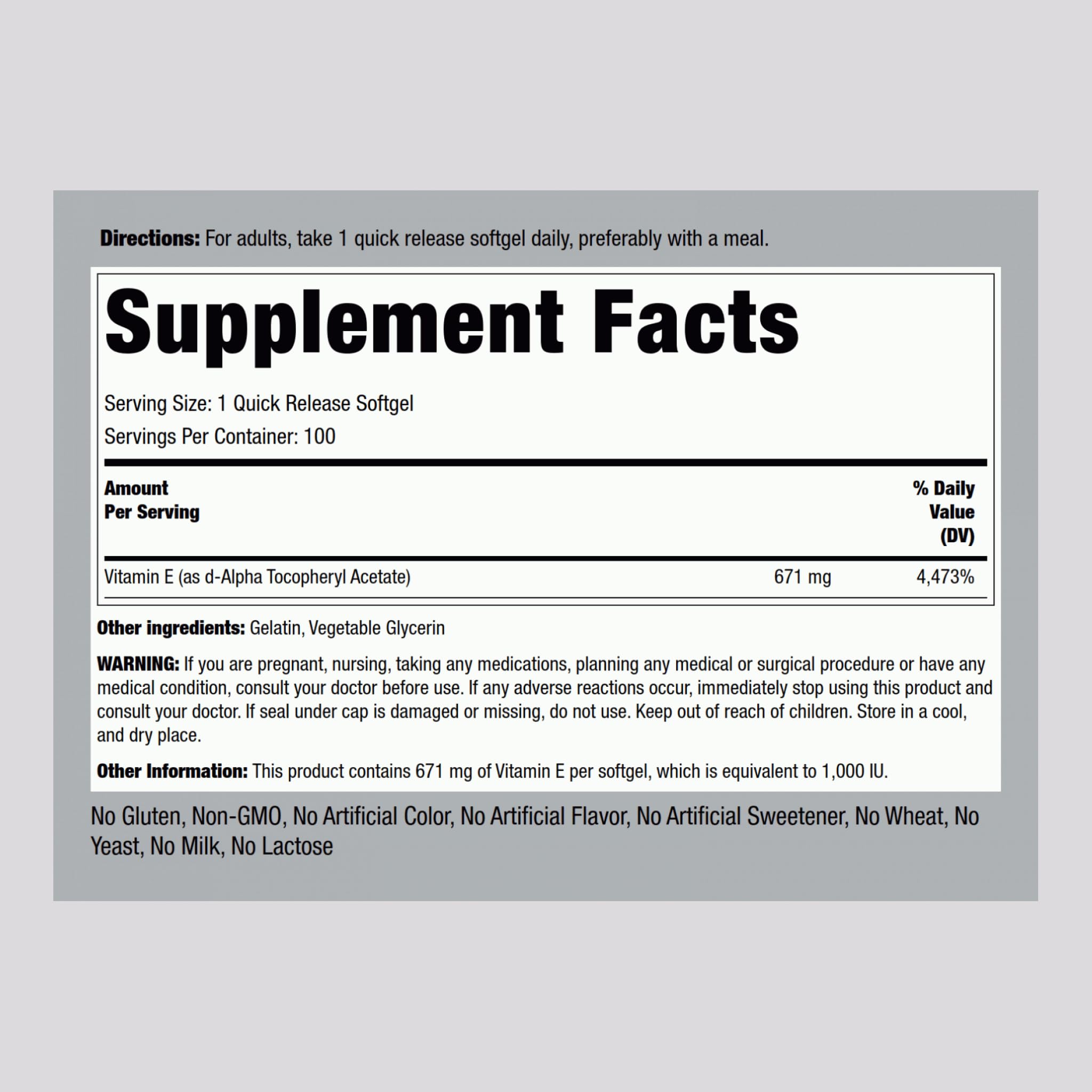 Piping Rock Vitamin E 1000 IU softgels close-up highlighting the D-Alpha Tocopheryl form.
