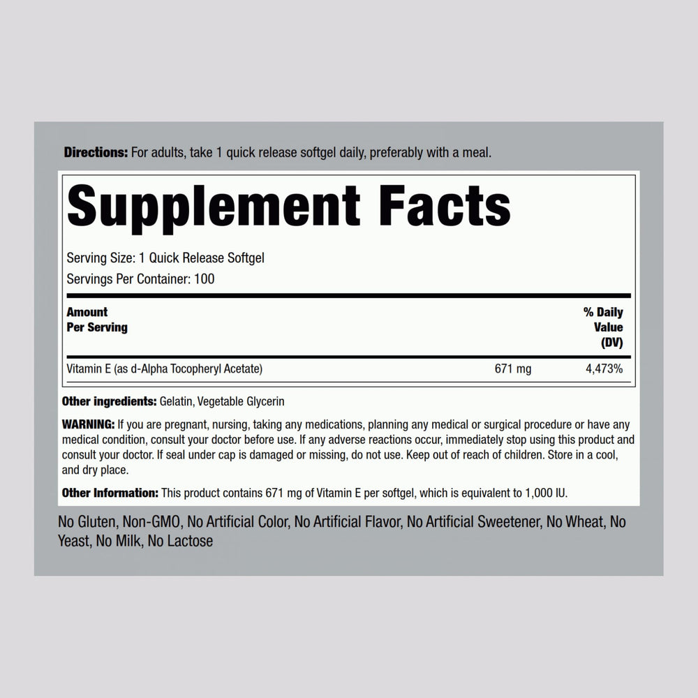 Piping Rock Vitamin E 1000 IU softgels close-up highlighting the D-Alpha Tocopheryl form.