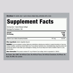 Piping Rock Vitamin E 1000 IU softgels close-up highlighting the D-Alpha Tocopheryl form.
