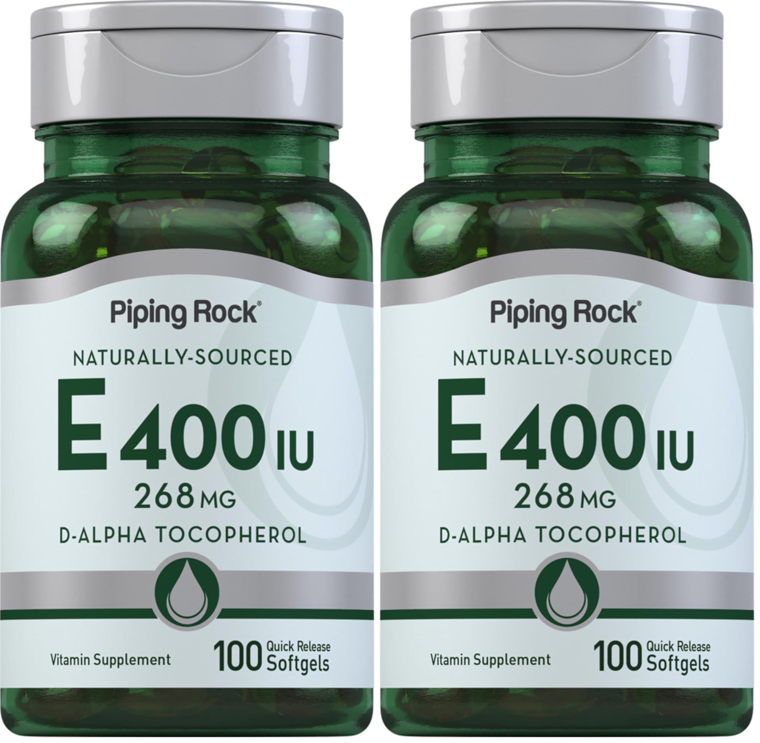 Piping Rock Vitamin E 400 IU softgels bottle view shows convenient daily packaging