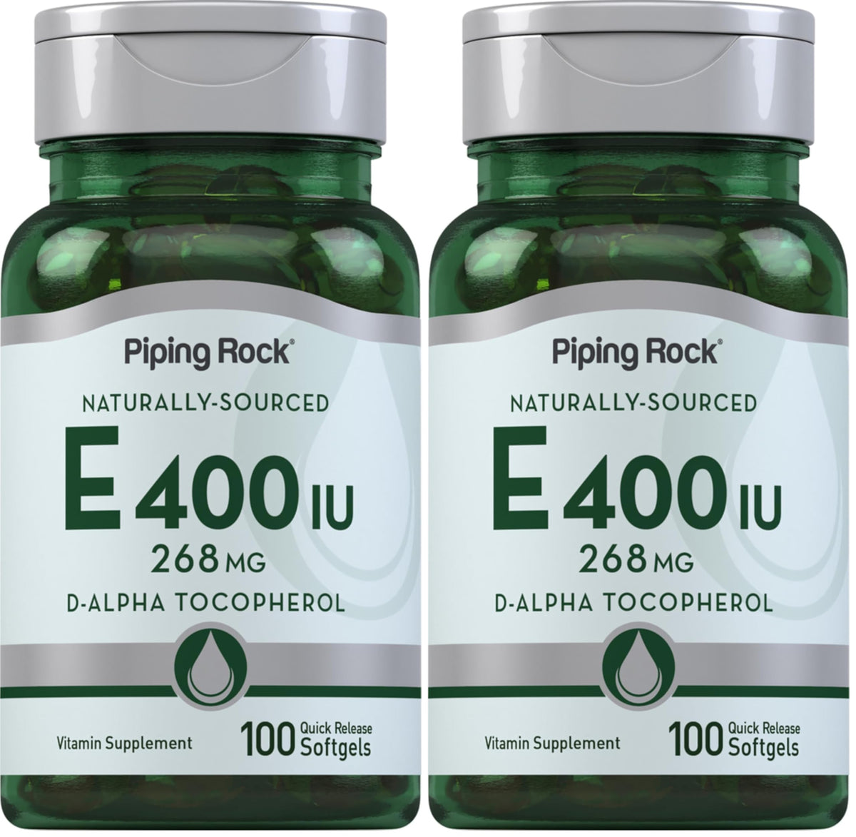 Piping Rock Vitamin E 400 IU softgels bottle view shows convenient daily packaging