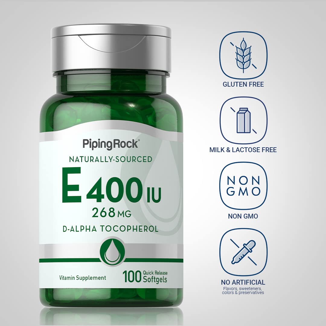 Piping Rock Vitamin E 400 IU softgels label detail highlights D-Alpha Tocopherol
