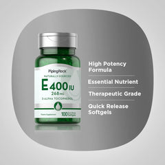 Piping Rock Vitamin E 400 IU softgels packaging displays non-GMO and gluten-free status