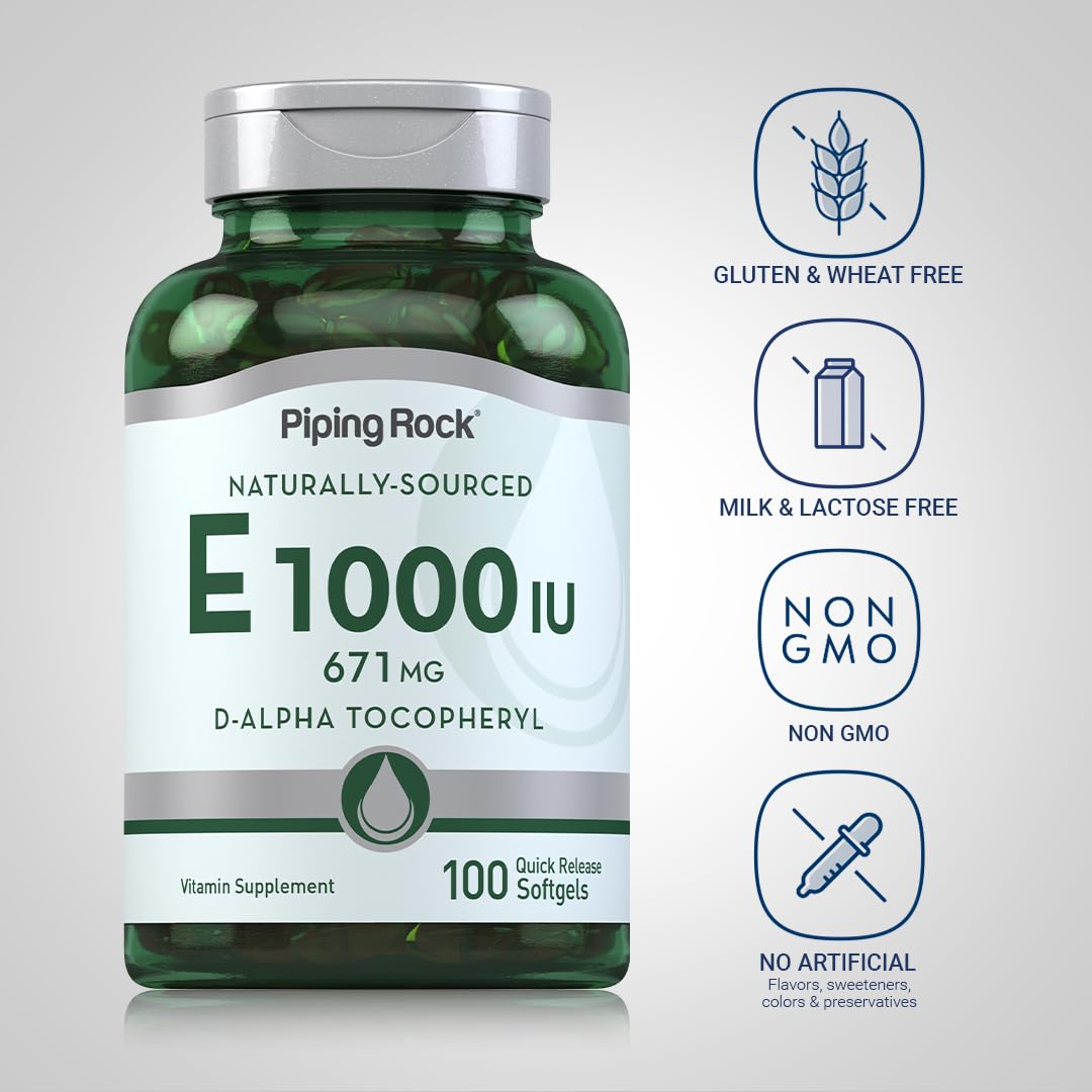 Piping Rock Vitamin E bottle on kitchen counter suggests simple, everyday supplementation.