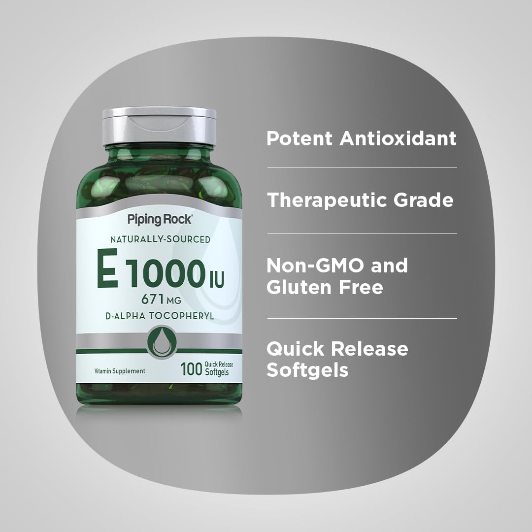 Piping Rock Vitamin E capsules arranged neatly, emphasizing non-GMO and gluten-free formulation.