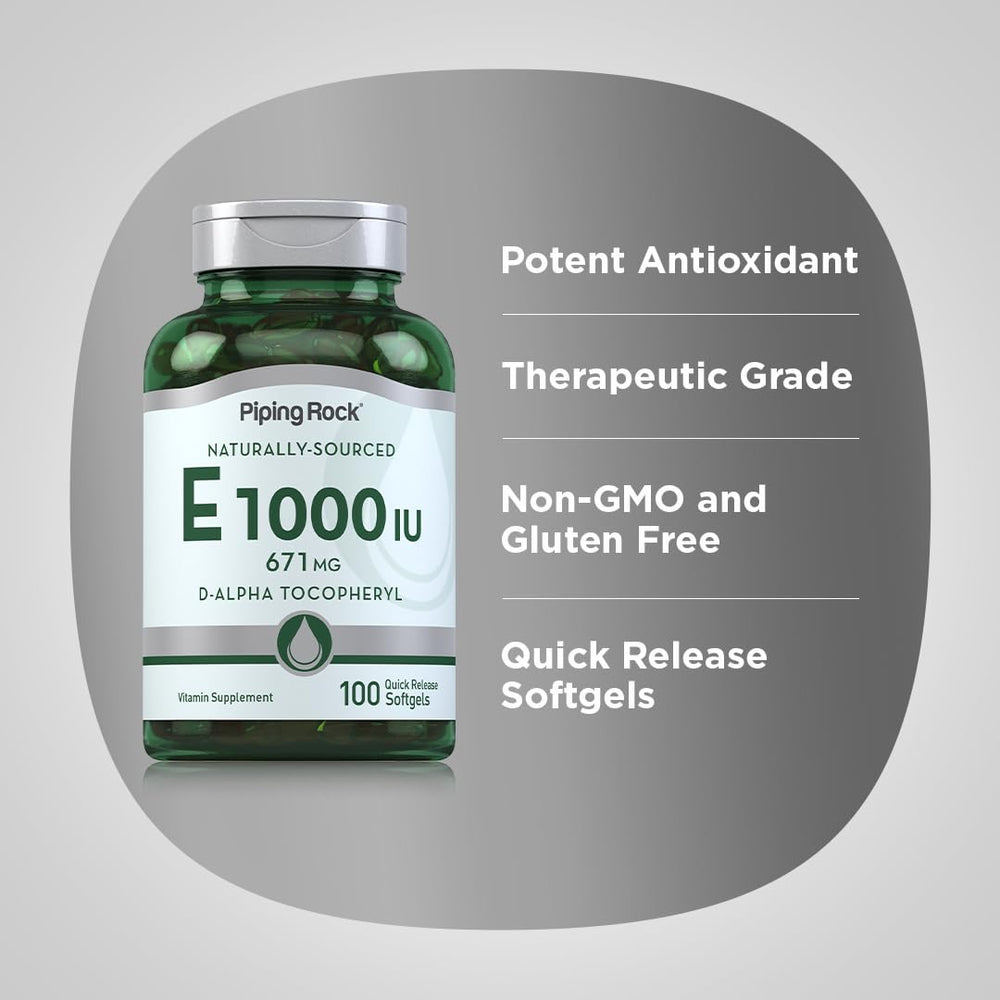 Piping Rock Vitamin E capsules arranged neatly, emphasizing non-GMO and gluten-free formulation.