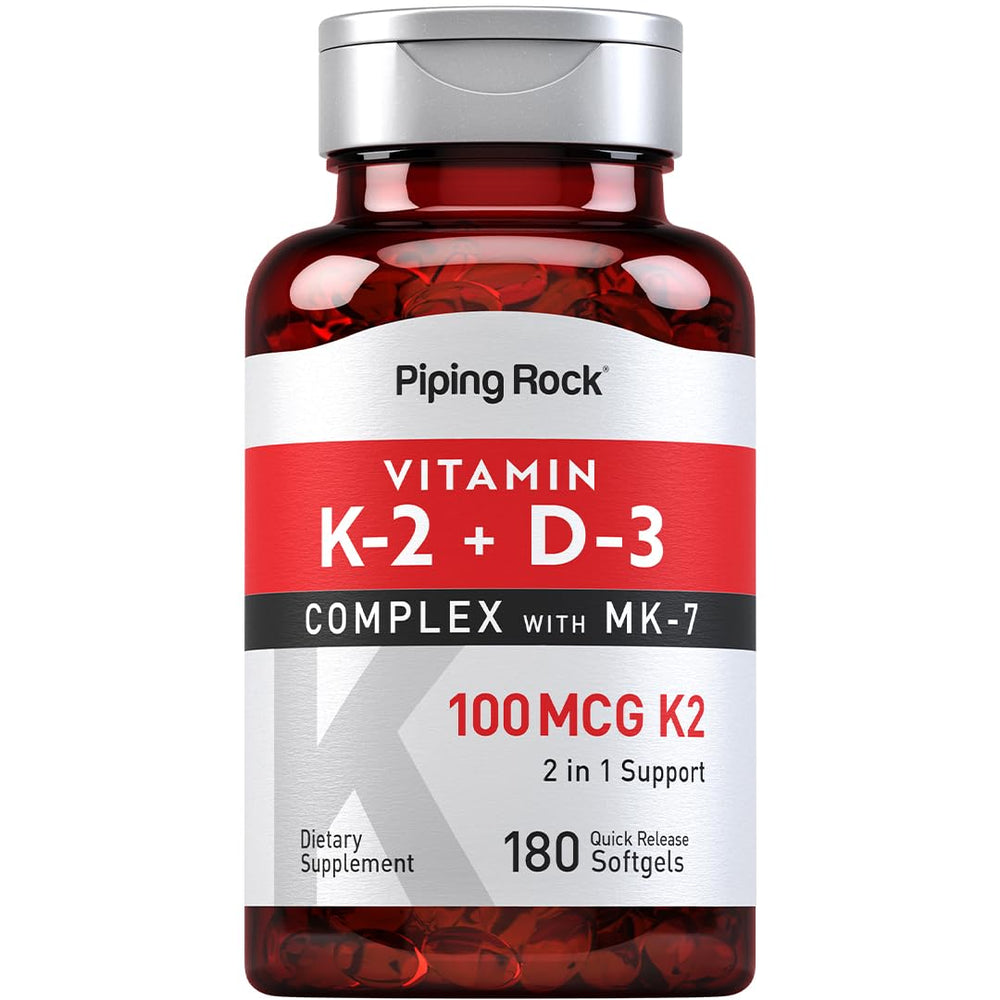 Piping Rock Vitamin K2 D3 softgel front view highlighting two-nutrient formula.