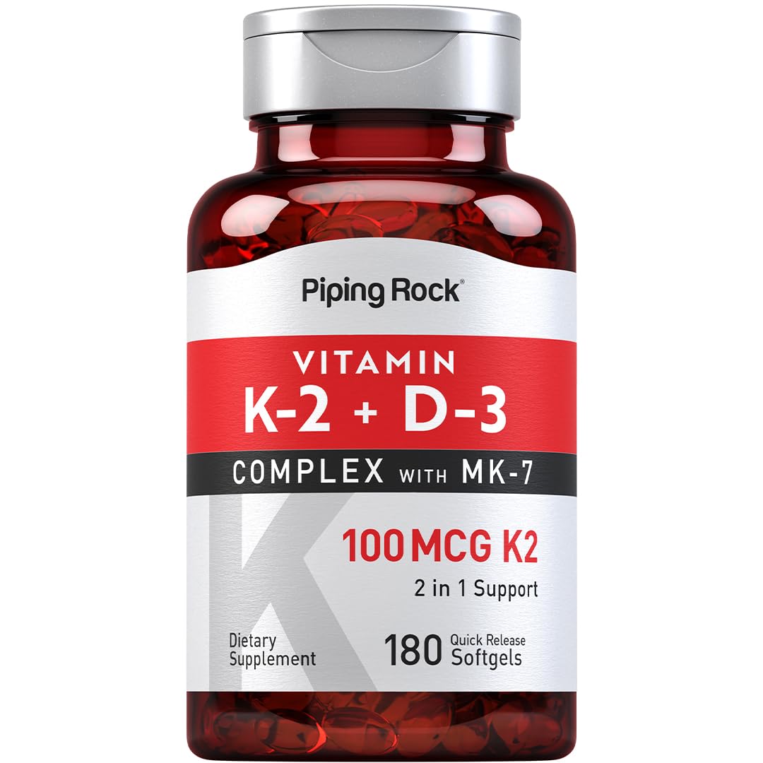 Piping Rock Vitamin K2 D3 softgel front view highlighting two-nutrient formula.