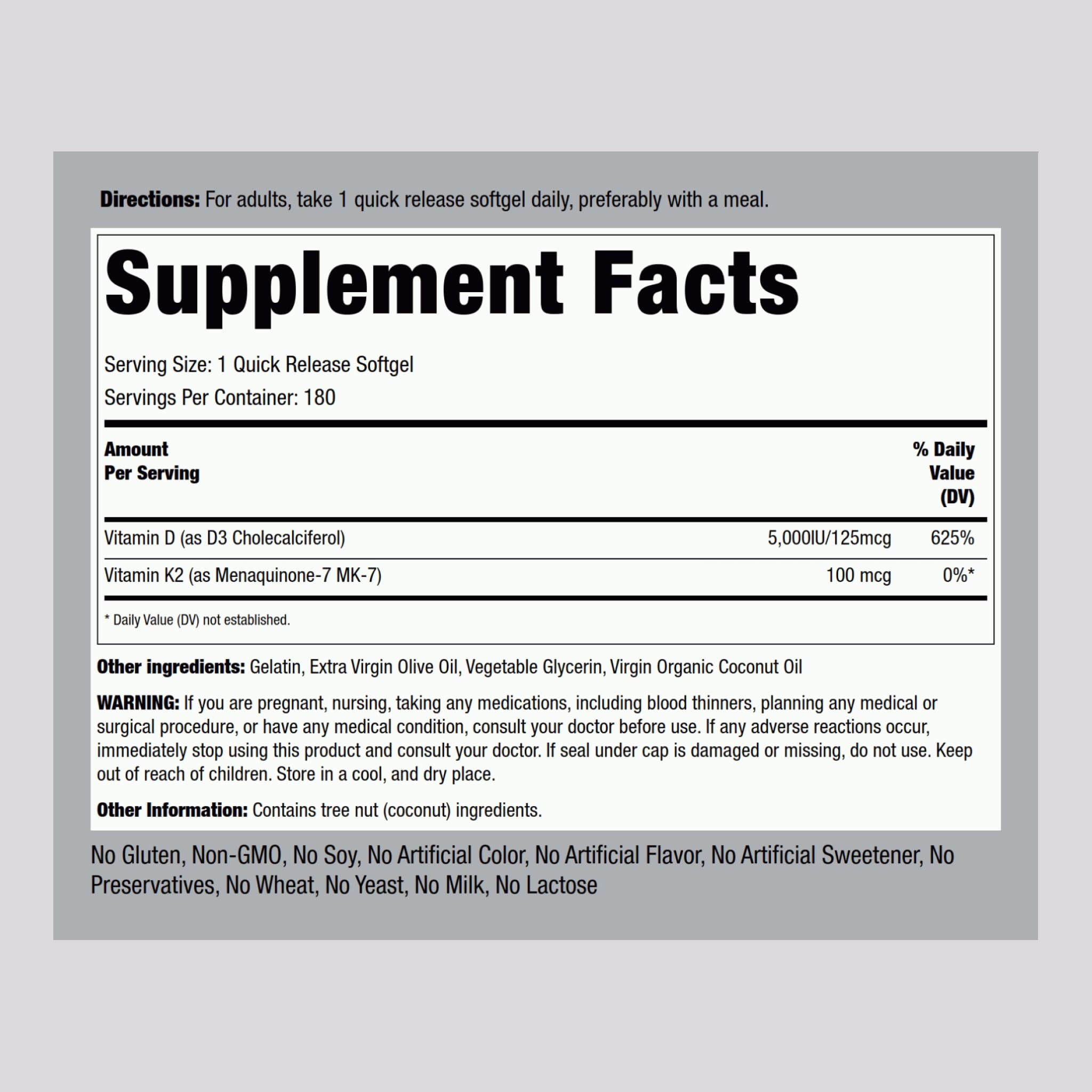 Piping Rock Vitamin K2 D3 softgel label close-up shows purity and potency.
