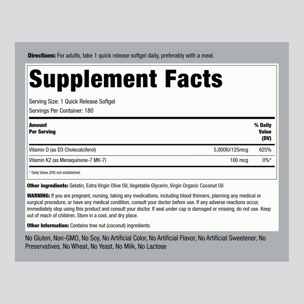 Piping Rock Vitamin K2 D3 softgel label close-up shows purity and potency.