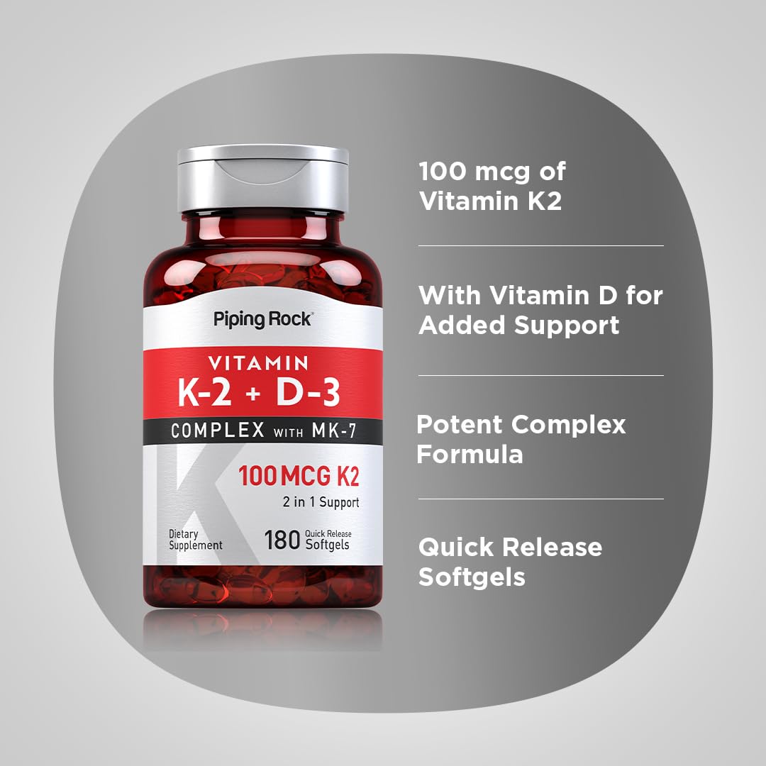 Piping Rock Vitamin K2 D3 softgel pour demonstrates quick-release capsules.