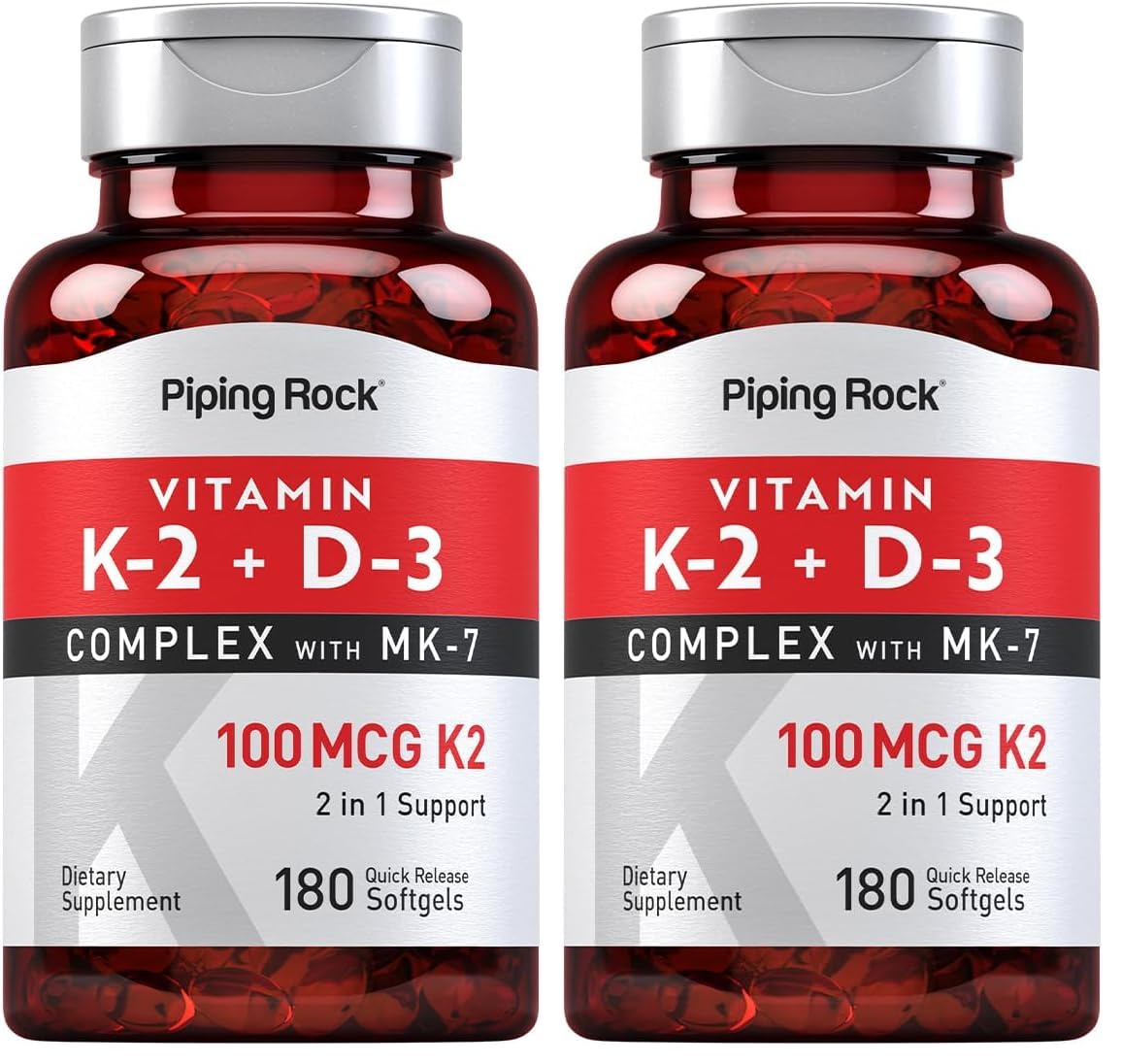 Piping Rock Vitamin K2 D3 softgels bottle for daily wellness support