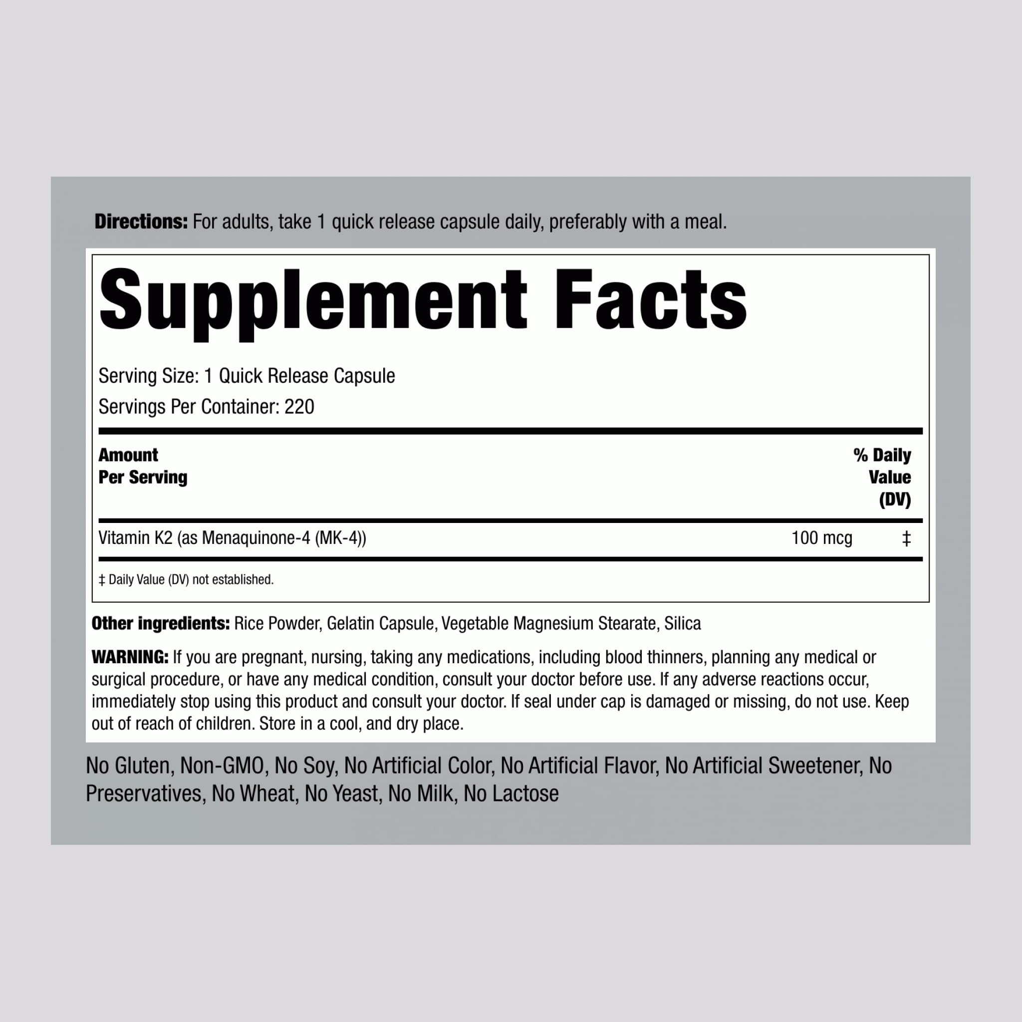 Piping Rock Vitamin K2 MK4 bottle label close-up showing trusted ingredients