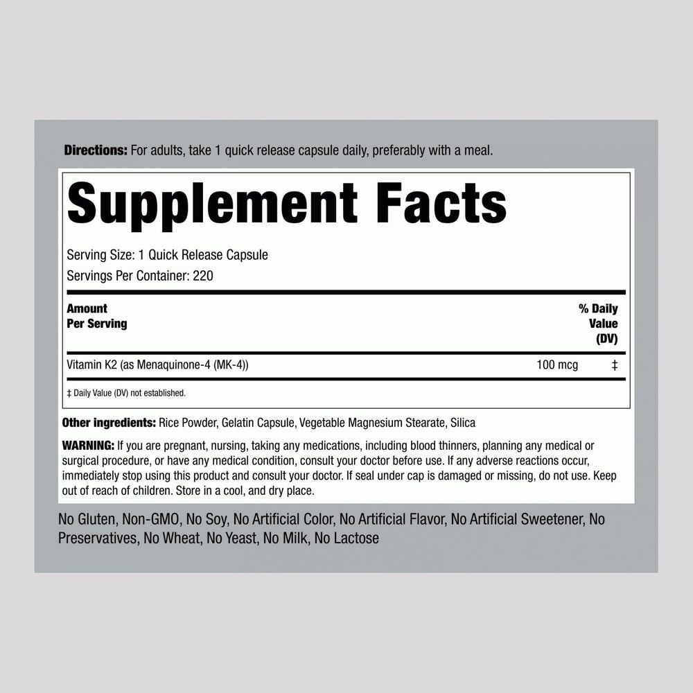 Piping Rock Vitamin K2 MK4 bottle label close-up showing trusted ingredients