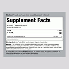 Piping Rock Vitamin K2 MK4 bottle label close-up showing trusted ingredients