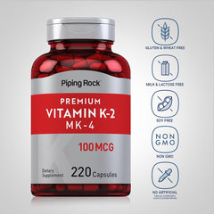 Piping Rock Vitamin K2 MK4 capsules close-up emphasizing non-GMO formula