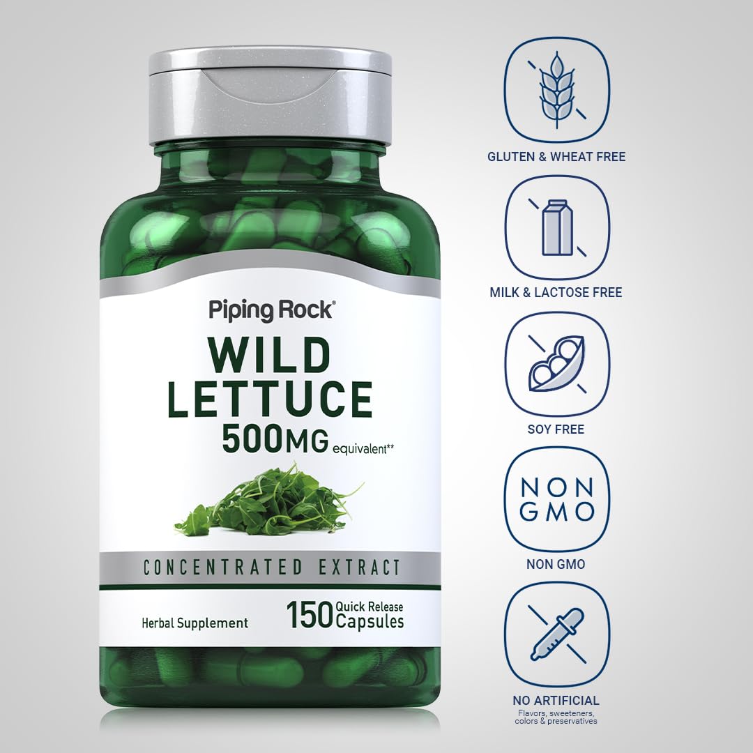 Close-up label of Piping Rock Wild Lettuce Extract highlighting 500mg concentrated per capsule.