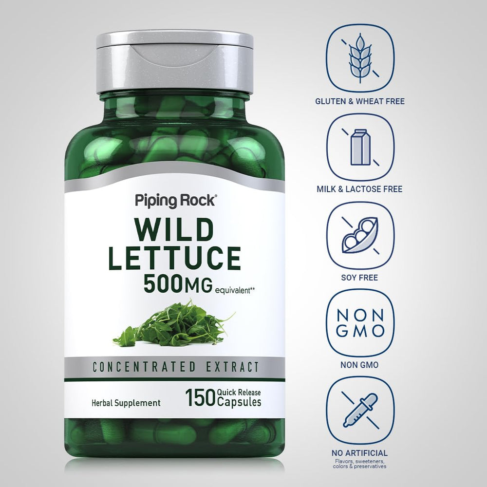 Close-up label of Piping Rock Wild Lettuce Extract highlighting 500mg concentrated per capsule.