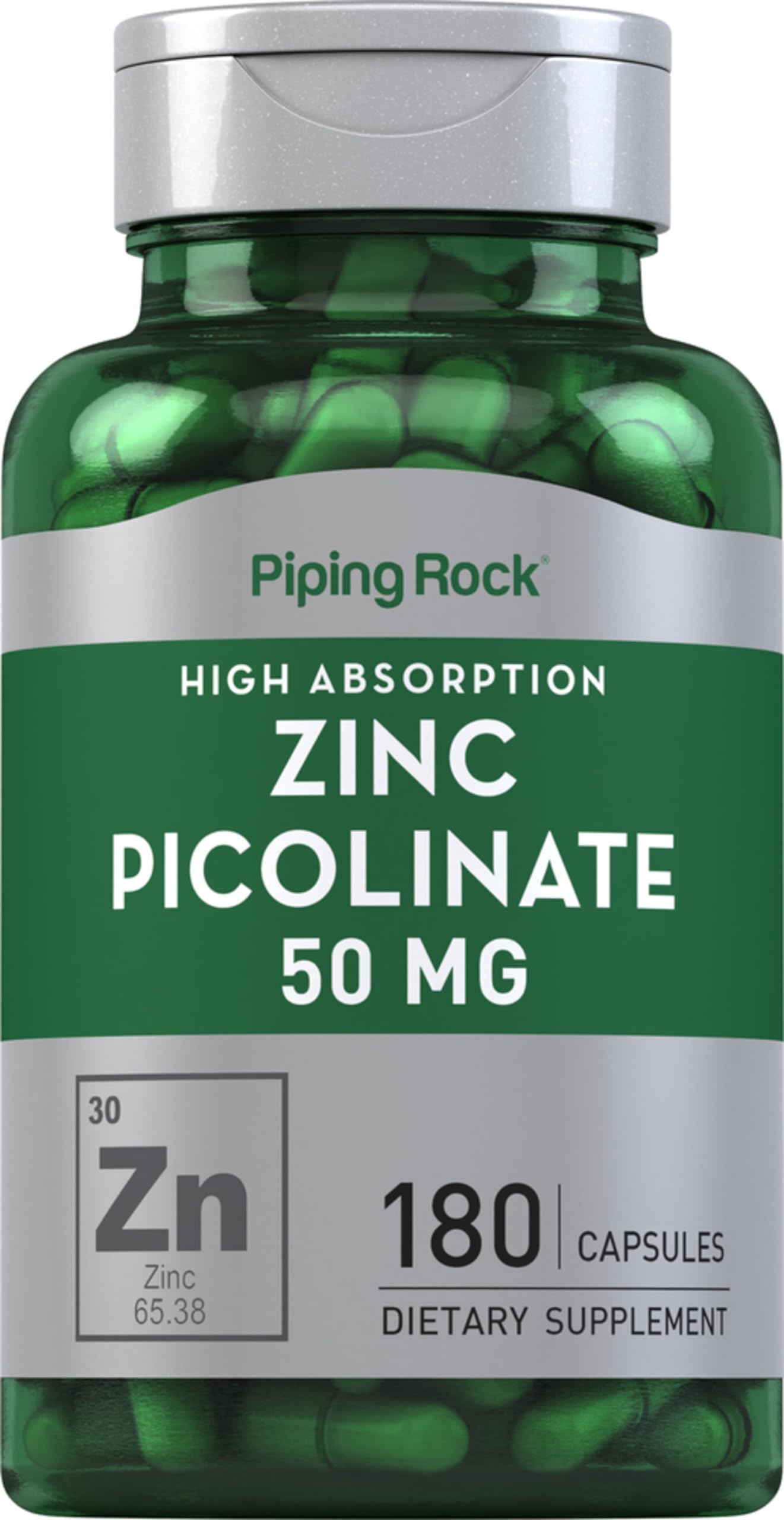Piping Rock Zinc Picolinate 50mg bottle with clear label for easy daily use